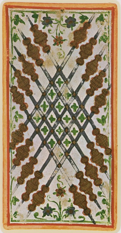 Dieci di Bastoni, facsimile di una carta dei tarocchi dal mazzo 
